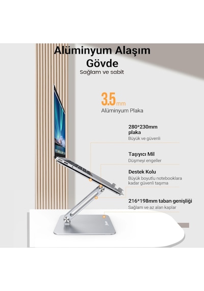 Juo Alüminyum Notebook Standı Yükseklik Ve Eğim Ayarlı Ergonomik Metal Laptop Standı