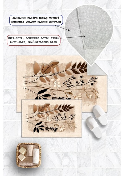 Dijital Baskı Yaprak Desen Kaymaz Taban 2li Set Banyo Paspası Klozet Takımı 50x60cm-60x100cm Krem