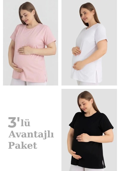 Carlburn Özel Üretim Pamuklu Kısa Kollu Hamile Tişört 3'lü Paket Yazlık Esnek Günlük Pembe Beyaz Siyah