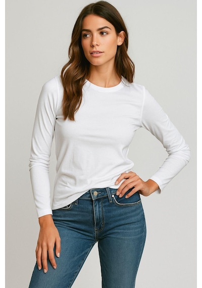 Kadın Beyaz Bisiklet Yaka Slim Fit Basic Tişört - Uzun Kollu Pamuklu T-shirt Bluz Çok Renkli