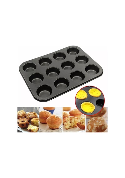 12'li Yapışmaz Muffin Cupcake Kek Kalıbı Karbon Çelik Siyah Diğer