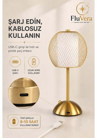 Gold Telli Şarjlı Masa Lambası Kablosuz Led Gece Lambası Usb-c Şarjlı Dekoratif Taşınabilir Lamba Altın