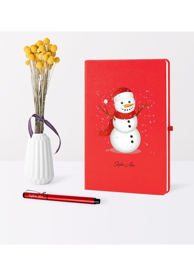 Kişiye Özel Yılbaşı Kardan Adam Temalı Kırmızı Defter Kalem Seti