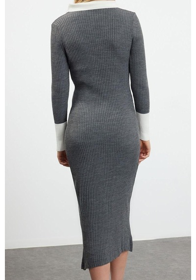 Ersefa Moda Slim Casual Günlük Fitilli Triko Polo Yaka Uzun Kol Bodycone Antrasit