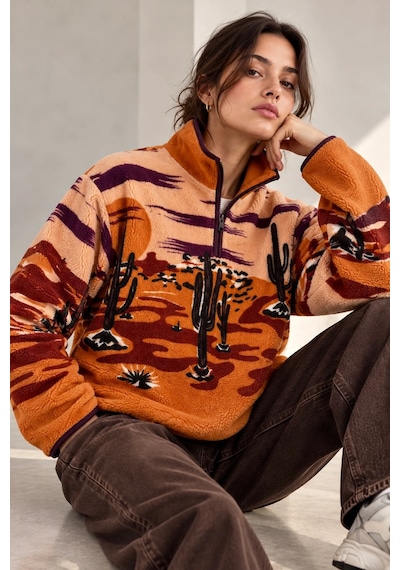 Bbbutikbasic Dik Yaka Yarım Fermuarlı Desenli Polar Sweatshirt My3535 Turuncu