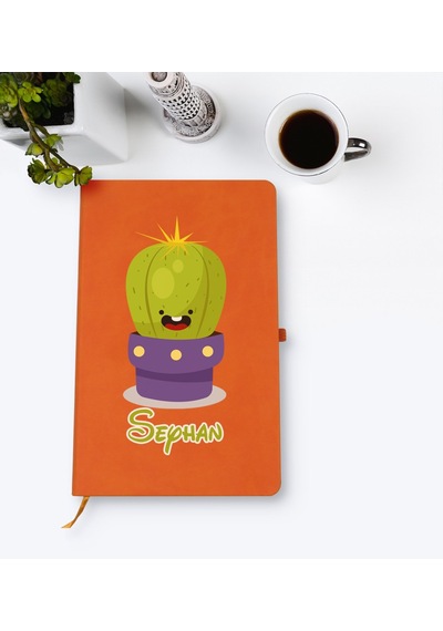Kişiye Özel Kaktüs Tasarımlı Turuncu Termo Deri Defter Model 10