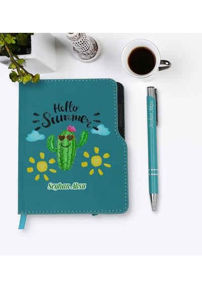Kişiye Özel Kaktüs Tasarımlı Turkuaz Termo Deri Defter Kalem Seti N11.2148