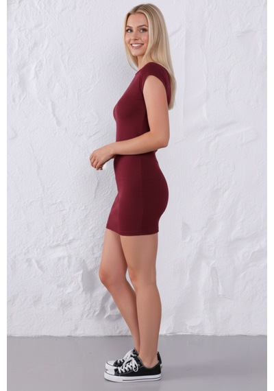 Defymoda Kadın Bordo Bisiklet Yaka %95 Pamuklu Fitilli Likralı Kaşkorse Slim Fit Basic Mini Elbise Bordo