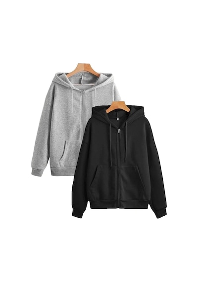 Hırsch Siyah Gri 2' Li Unisex Düz Oversize Kapüşonlu Hırka Siyah Gri