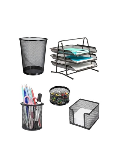 Artlantis Masa Üstü Siyah Fileli Kalemlik Çöp Kovası Ve 3 Katlı Evrak Rafı 5 Parça 1 Paket 5 Li Masa Üstü Düz Genel