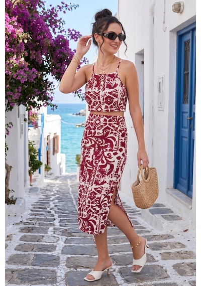 Lela Slim Fit Ip Askılı Yırtmaçlı Midi Alt-Üst Bayan Takım 5865726 Mürdüm