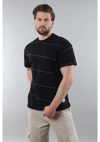 Madmext Siyah Bisiklet Yaka Basic Çizgili Erkek T-shirt E7102 Siyah