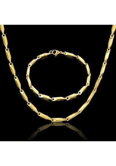 Gold Kaplama Bambu Küp Unisex Çelik Kolye Ve Bileklik Seti Eck05S Altın