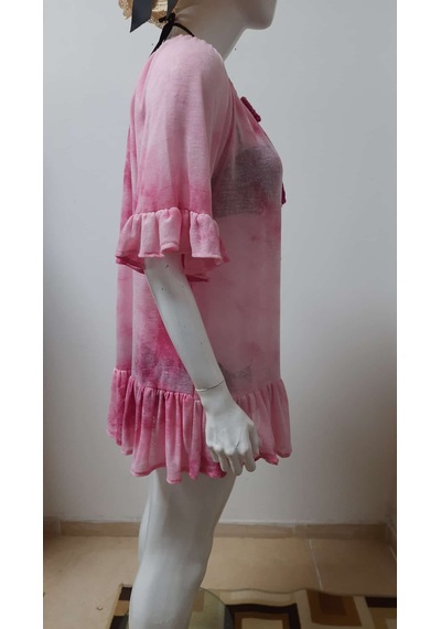 Mayomer Kadın Pembe Batik Desenli Mayo Üstü Elbise Plaj Elbisesi Pareo Pembe