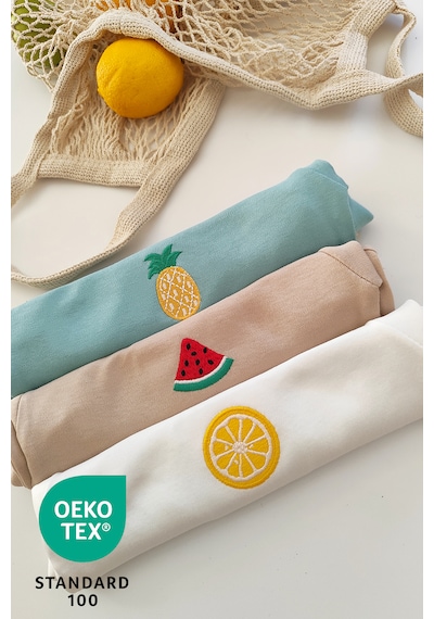 Luppinos Summer 3lü %100 Pamuk Nakışlı Bebek Body Set Bej - Mint Yeşil
