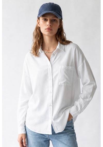 Mixray 4963 Kadın Tencel Kumaş Oversize Cepli Uzun Kollu Gömlek Beyaz