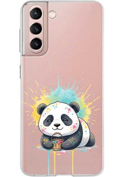 Samsung Galaxy S21 İle Uyumlu Splash Panda Tasarımlı Şeffaf Silikon Kılıf Şeffaf