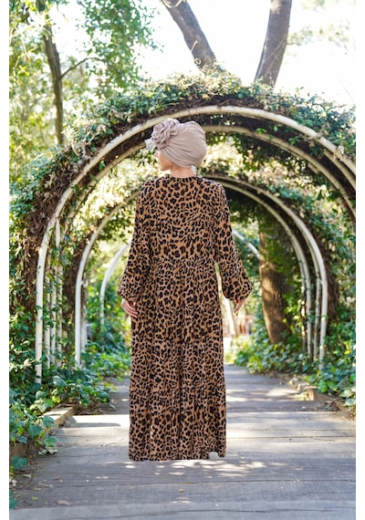 Polologin Butik Leopar Desenli Uzun Spor Tesettür Elbise Kahverengi