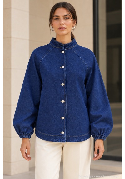 Polo State Kadın Hakim Yaka Raglan Kollu Düğmeli Denim Ceket - Lacivert