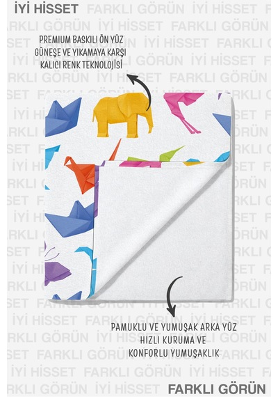 Origami Hayvan Figürlü Çocuk Plaj Havlusu - Renkli Modern Unisex Hızlı Kuruyan Mikrofiber Havlu Kumlu Mercan