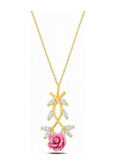 Çekirdekjewelry 925 Ayar Gümüş Pembe Güllü Kolye Sarı