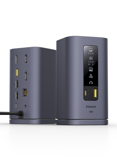 Baseus Docking Station Spacemate Serisi 11'i 1 Arada Yerleştirme İstasyonu, 3 Monitör, 2 X Hdmı 1 X Dp 4k 60hz, 3 X Usb-a/c 10 Gbps, 1 Gbps Ethernet, 100 W Pd