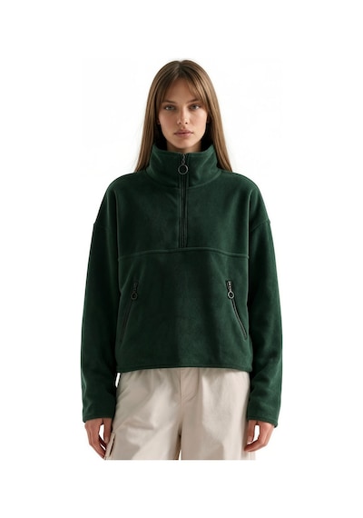 Hiccup Busem Kadın Yarım Fermuarlı Kısa Sweatshirt Yeşil