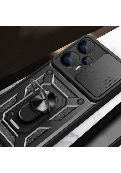 Poco F5 Kılıf Magnetik Standlı Kamera Korumalı Hptk Sürgülü Vega Kapak - Siyah Siyah