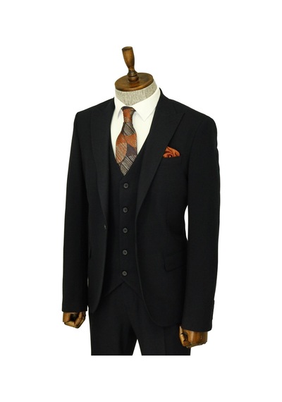 Tek Düğmeli Slim Fit Lacivert Yelekli Erkek Takım Elbise - Wessi Navy Blue