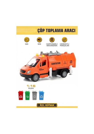 Çöp Kamyonu Oyuncak Seti - Sesli Işıklı Geri Dönüşüm Arabası - 4 Renkli Çöp Kutulu Ve Kartlı - 27 Cm