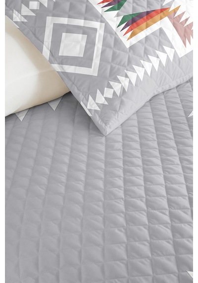 Gri Etnik Geometrik Genç Odası Tek Kişilik Pike Takımı-bohem Beyaz 160x220 Cm Kapitone Yatak Örtüsü Mercansı Kum Tonu