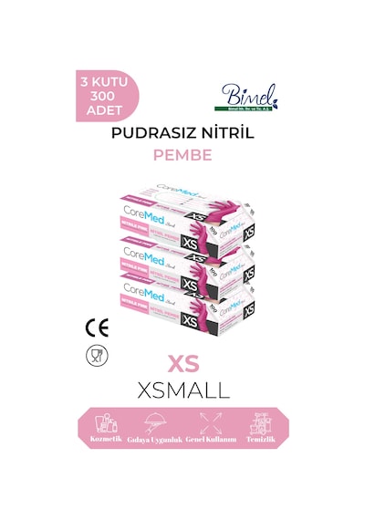 Nitril Pembe Pudrasız Muayene Eldiveni Xs - 3 Paket 100 Lü