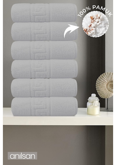 6'lı Greek Gri El Havlusu - 50x90 Cm, 225 Gr, %100 Pamuk, Spa Ve Otel Havlusu Gri