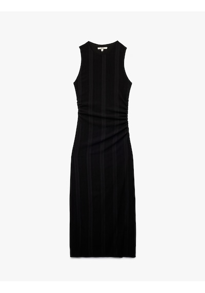 Koton Kolsuz Slim Fit Bisiklet Yaka Çizgili Midi Büzgülü Elbise Siyah 5sak80531ek Siyah