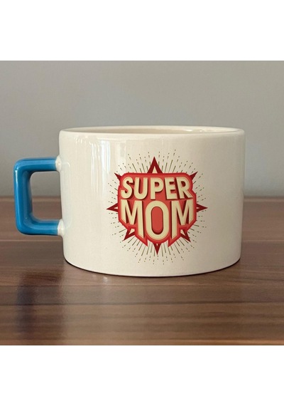 Süper Mom Kırmızı Baskılı Mavi Kulplu C Fincan
