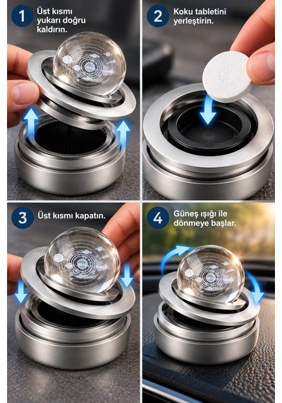Güneş Enerjili 360 Dönen Kristal Küreli Araç Kokusu Ve Torpido Dekoratif Aksesuar Silver