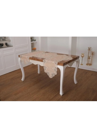 Nadide Lüx Güpürlü Simli Keten Kumaş Bej Salon Takımı 5 Parça 40x160 Cm 1365 Bej