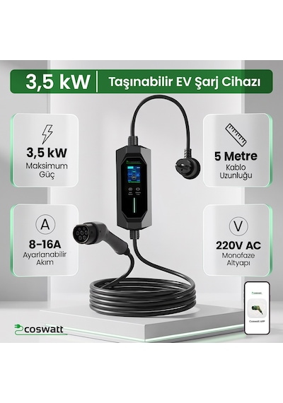 Taşınabilir Şarj Cihazı 3.5 Kw / 16a / Tip-2 / Ev Tipi Schuko Fiş / 5m Kablolu / 220v Ac / Taşıma Çantası Hediyeli 3,7 Kw