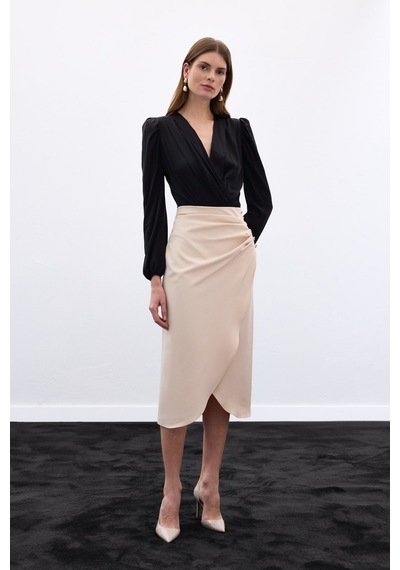Sateen Düğme Detaylı Kalem Etek - Bej-136777 Bej