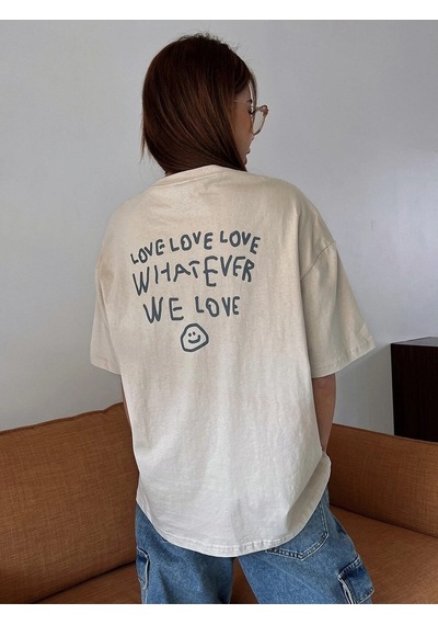 Flood Of Style Kadın Bej Love Love Love Baskılı Oversize T-shirt