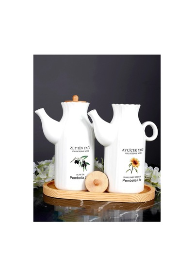 Etiketli Ahşap Standlı 2'li Porselen 1000ml Yağlık&sirkelik 3'lu Yağdanlık Set Beyaz 261132656 Beyaz