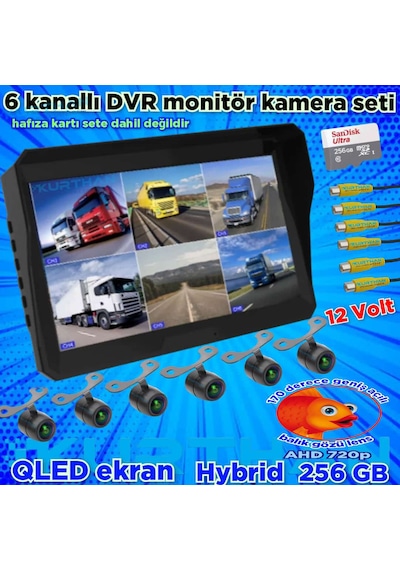 Ledsiz 6 Adet Ahd 720p Balık Gözü Kelebek Kamera 6 Kanallı 10'' Hybrid Dvr Monitör 12 V 256 Gb