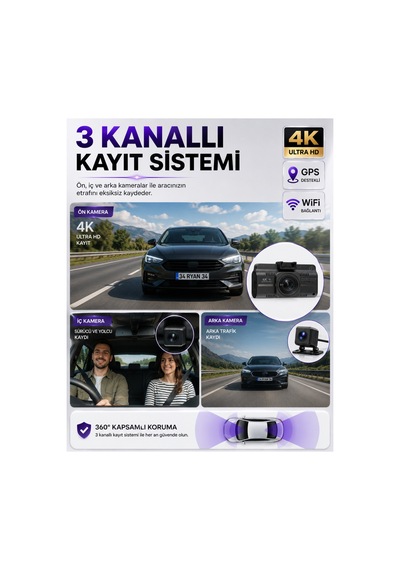 4k Araç İçi Kamera 3 Kameralı Gps Wifi G Sensör Gece Görüşlü Ön Arka İç Kayıt Araç İçi Dışı Kamera