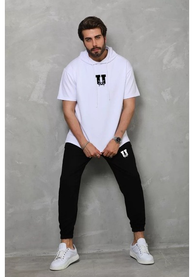 Tarzyeri Unisex Kapşonlu Oversize T-shirt Takım - Beyaz 001