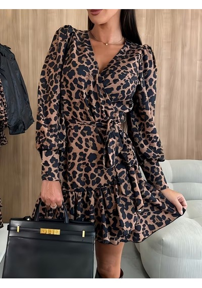 Kadın Uzun Kollu Kruvaze Yakalı Belden Bağcıklı Kısa Leopar Desenli Modal Elbise