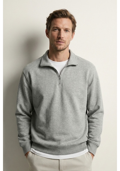 Elemge Pamuklu Erkek Sweatshirt Gri Soft Touch Relax Fit Yarım Fermuarlı Dik Yaka 3 Iplik Nefes Alan