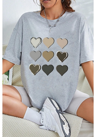 Unisex Kalp Baskılı T-shirt Gri