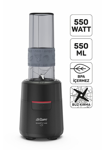 Arzum AR1191 Shake'N Take Lite Kişisel Blender 550W, 550 ml Taşınabilir Şişe, Buz Kırma Özellikli, Siyah