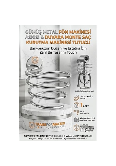 Zenvac Gümüş Metal Fön Makinesi Askısı Duvara Monte Saç Kurutma Makinesi Tutucu 719681 Zenvac29 Renkli