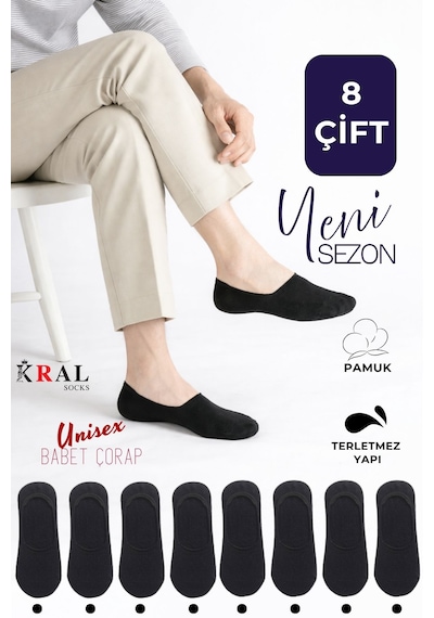 Kral Socks Kadın - Erkek Düz Desen 8'li Paket - 8 Çift Pamuklu Terletmez Babet Çorap Siyah